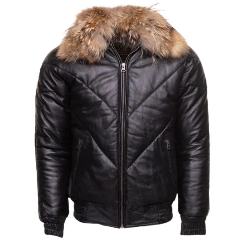 Women Handmade V-Bomber Style Puffer Leather Jacket With Fur Collar