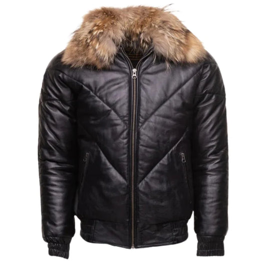 Women Handmade V-Bomber Style Puffer Leather Jacket With Fur Collar