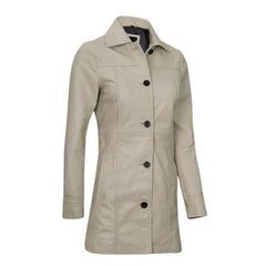 Women Long Beige Leather Coat