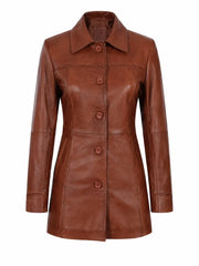 Women Long Brown Leather Trench Coat Front