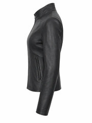 Women's Sleek Design Black Leather Jacket, collar detail