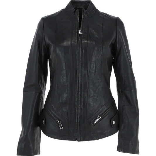 Women's Angled Zippers Black Leather Jacket