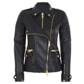 Women's Asymmetrical Quilted Shoulder Black Leather Jacket
