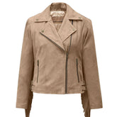 Women’s Beige Suede Leather Jacket with Fringe Trim