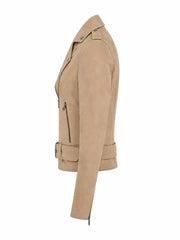 Women’s Belted Beige Suede Leather Jacket Left