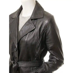Women's Belted Black Leather Overcoat