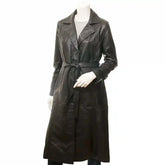Women's Belted Black Leather Overcoat