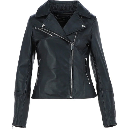 Women's Black Leather Lapel Zip Jacket