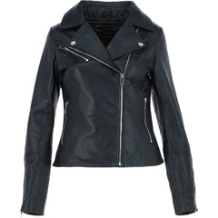 Women's Black Leather Lapel Zip Jacket