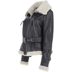 Women's Black Leather Belted Shearling Aviator Jacket