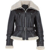 Women's Black Leather Belted Shearling Flying Jacket