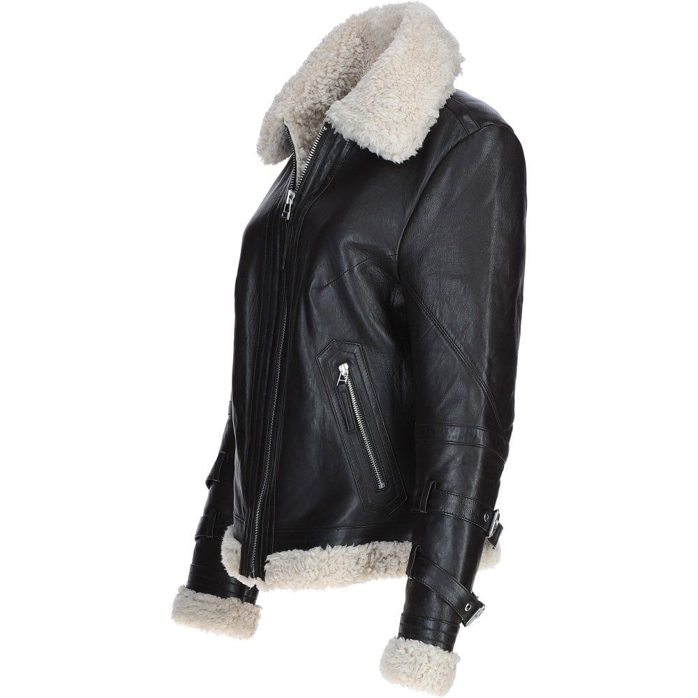 Women's Black Faux Leather Shearling Aviator Jacket