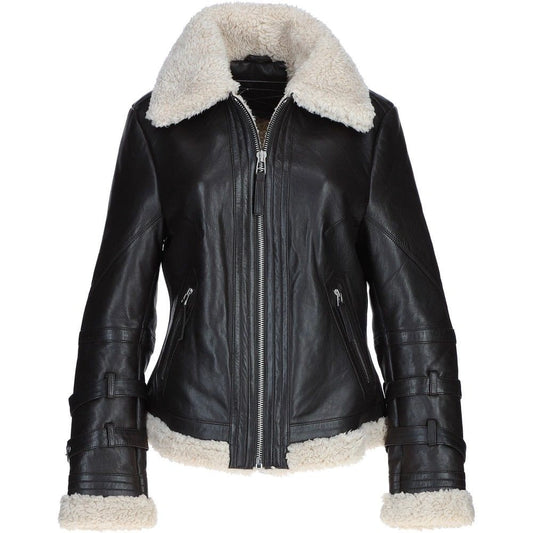 Women's Black Leather Shearling Aviator Jacket