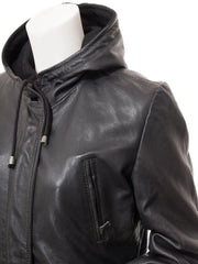 Women's Black Hooded Leather Coat