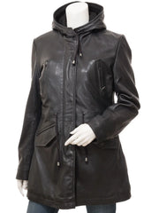 Women's Black Hooded Leather Coat