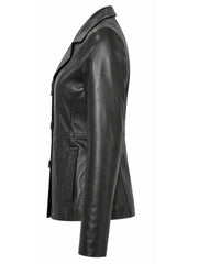Women's Black Leather Button-up Jacket