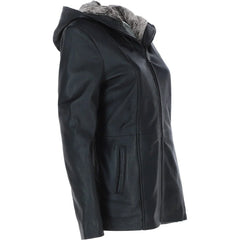 Women's Black Leather Hooded Jacket