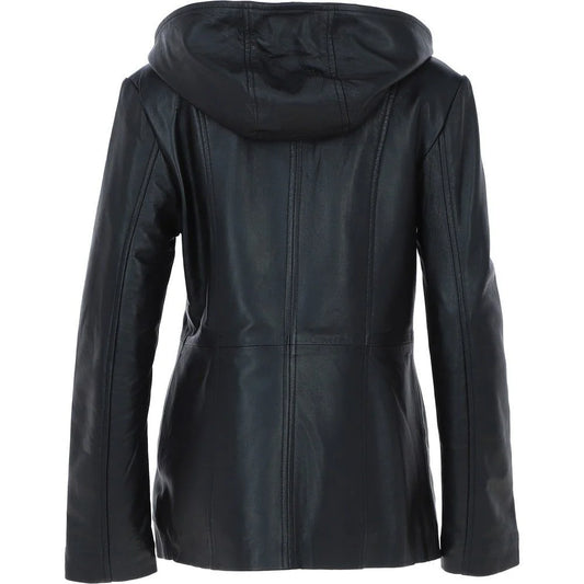 Women's Black Leather Hooded Jacket