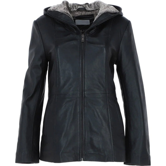 Women's Black Leather Hooded Jacket
