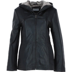 Women's Black Leather Hooded Jacket
