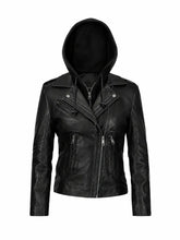 Women’s Black Leather Jacket Hooded Front