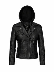 Women’s Black Leather Jacket Hooded Front