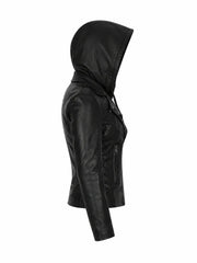 Women’s Black Leather Jacket Hooded Right