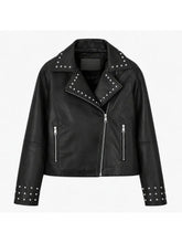 Women's Black Leather Jacket with Asymmetrical Zip & Studs Front