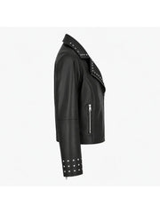 Women's Black Leather Jacket with Asymmetrical Zip & Studs Right