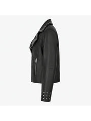 Women's Black Leather Jacket with Asymmetrical Zip & Studs Left