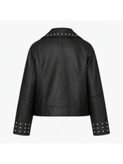 Women's Black Leather Jacket with Asymmetrical Zip & Studs Back