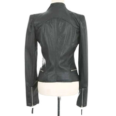 Women’s Black Leather Jacket with Dual-Zip Design