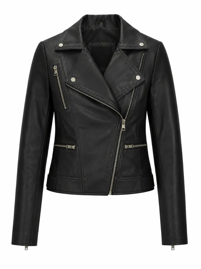 Women’s Black Leather Jacket with Multi-Zip Design Front