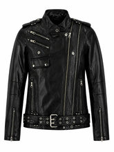 Women’s Black Leather Jacket with Multiple Zippers Front