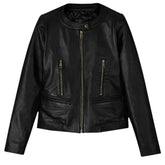 Women’s Black Leather Jacket with Round Collar