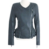 Women’s Black Leather Jacket with Ruffled Hem Detail
