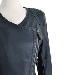 Women’s Black Leather Jacket with Ruffled Hem Detail