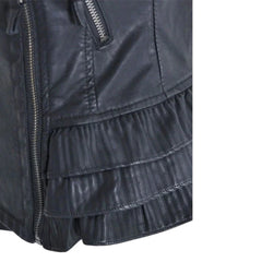 Women’s Black Leather Jacket with Ruffled Hem Detail
