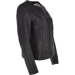 Women's Black Leather Round Collar Jacket