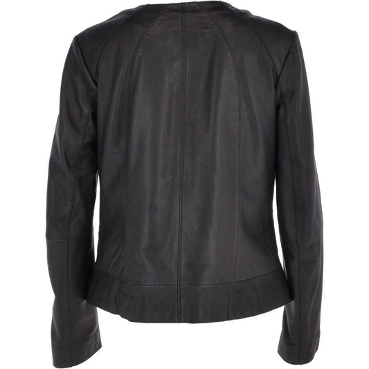 Women's Black Leather Round Collar Jacket