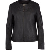Women's Black Leather Round Collar Jacket