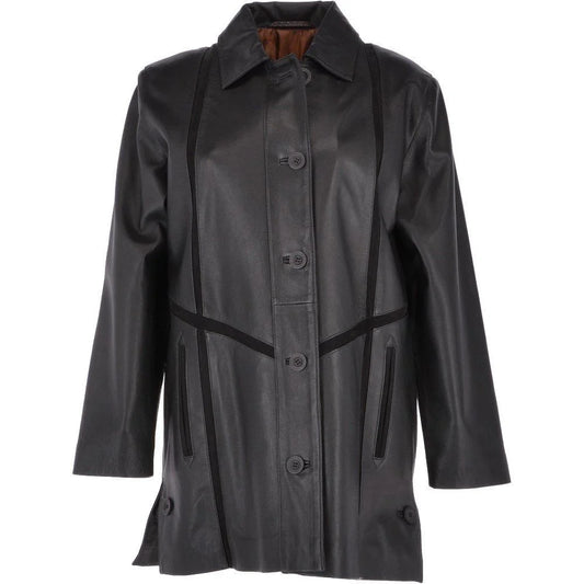 Women's Black Long-Line Leather Coat