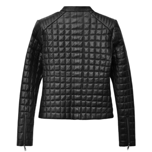 Women’s Black Quilted Leather Jacket with Stand Collar