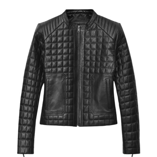 Women’s Black Quilted Leather Jacket with Stand Collar