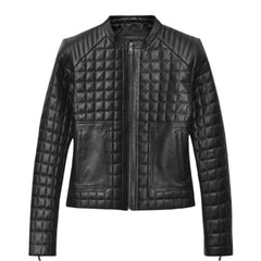 Women’s Black Quilted Leather Jacket with Stand Collar