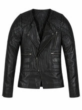 Women’s Black Quilted Shoulder Leather Jacket front