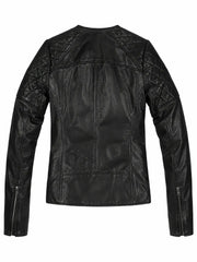 Women’s Black Quilted Shoulder Leather Jacket Back