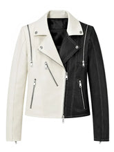 Women's Black and White Color Block Leather Jacket