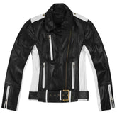 Women’s Black and White Racer Leather Jacket with Belt