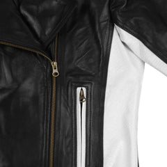 Women’s Black and White Racer Leather Jacket with Belt